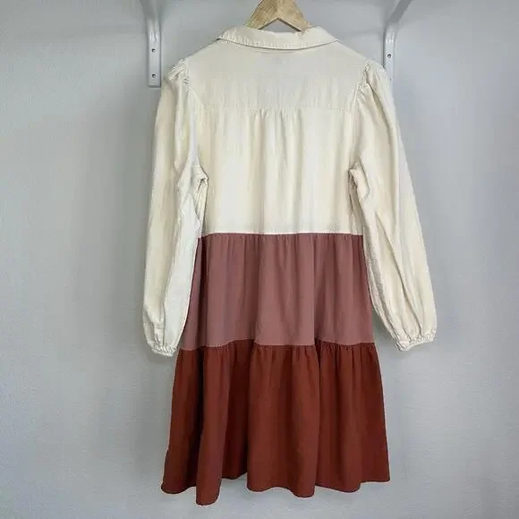 M Womens Simply Southern Block Dress Long Sleeve Mini Dress Cream Pink Rusty Red - Picture 2 of 4